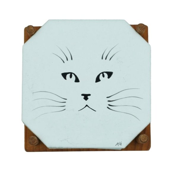 Vintage Kitty Cat Coasters In Wood Holder Porcelain Tiles Signed MG Set of 4 Hom - Picture 1 of 10